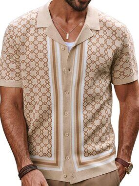 Men's Beige Vintage Cuban Collar Knit Polo Shirt Button Down Shirt